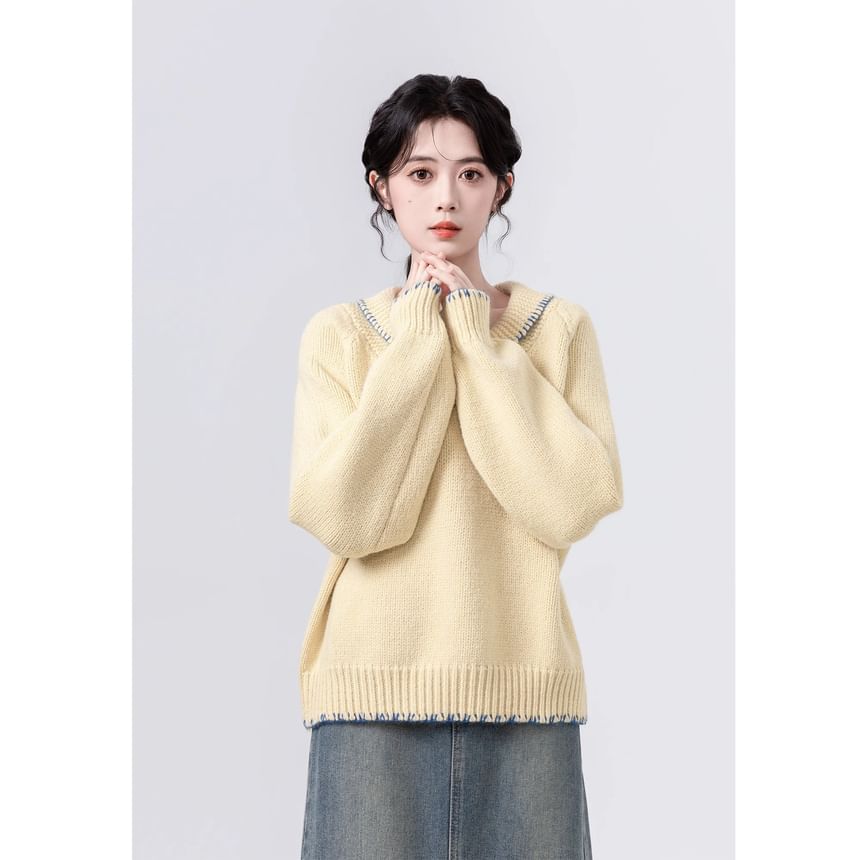 Collared Toggle-Front Knit Sweater
