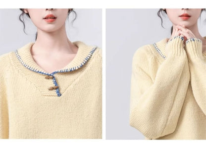 Collared Toggle-Front Knit Sweater