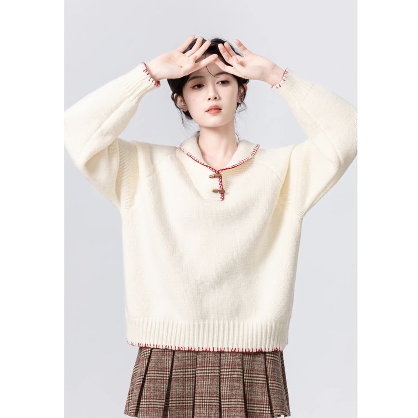 Collared Toggle-Front Knit Sweater