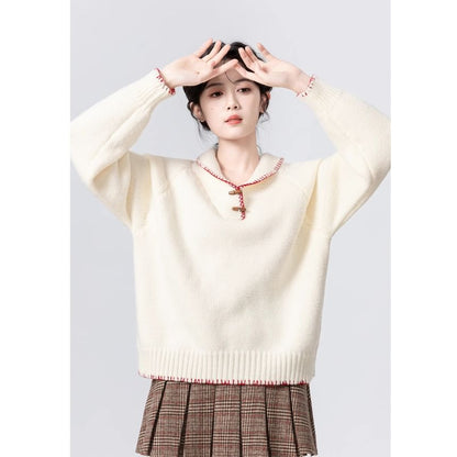 Collared Toggle-Front Knit Sweater