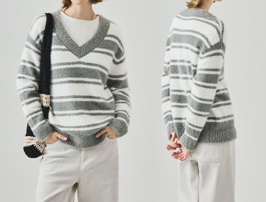 Drop Shoulder V-Neck Striped Knit Sweater