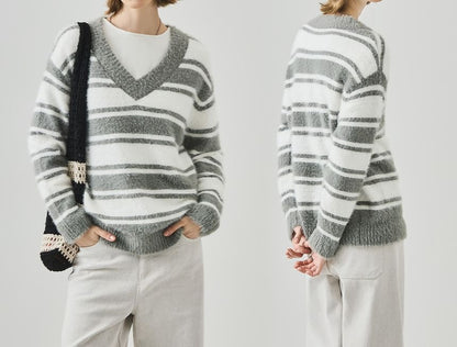 Drop Shoulder V-Neck Striped Knit Sweater