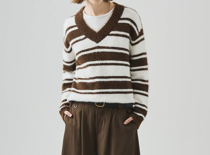 Drop Shoulder V-Neck Striped Knit Sweater