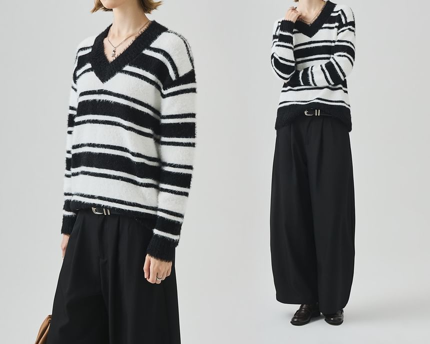 Drop Shoulder V-Neck Striped Knit Sweater