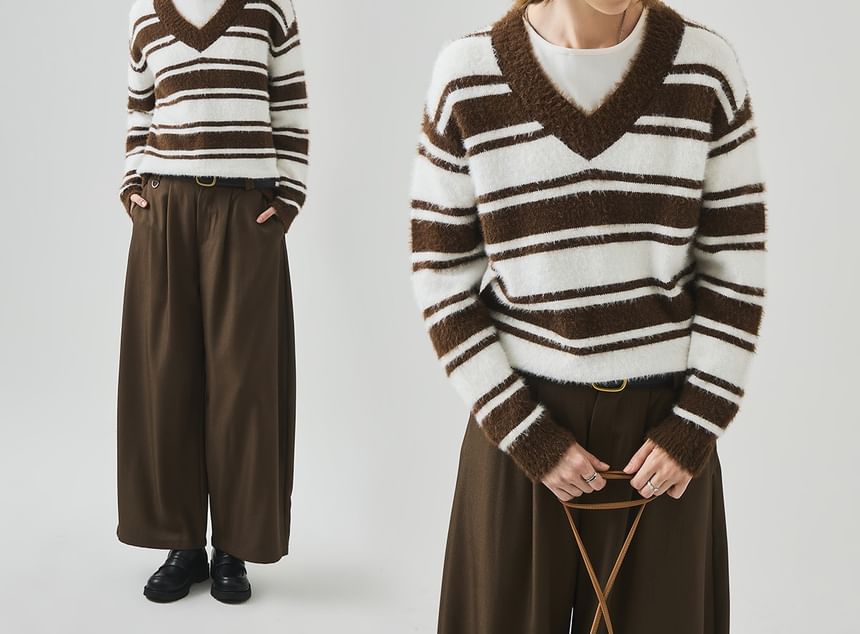 Drop Shoulder V-Neck Striped Knit Sweater