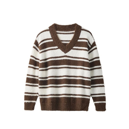 Drop Shoulder V-Neck Striped Knit Sweater
