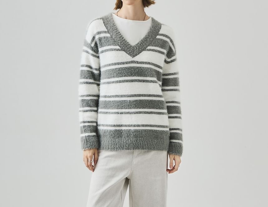 Drop Shoulder V-Neck Striped Knit Sweater
