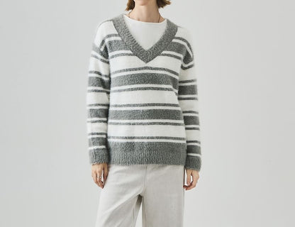 Drop Shoulder V-Neck Striped Knit Sweater