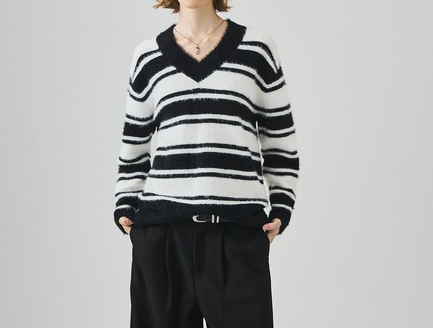 Drop Shoulder V-Neck Striped Knit Sweater