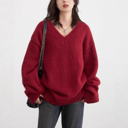 Oversized Drop Shoulder V-Neck Solid Sweater