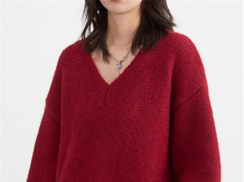 Oversized Drop Shoulder V-Neck Solid Sweater