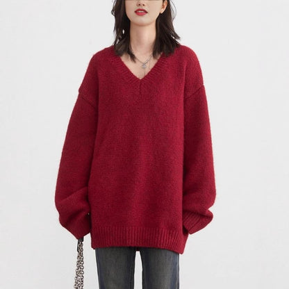 Oversized Drop Shoulder V-Neck Solid Sweater