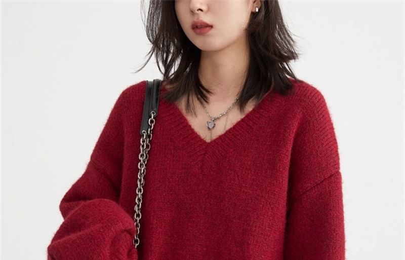 Oversized Drop Shoulder V-Neck Solid Sweater