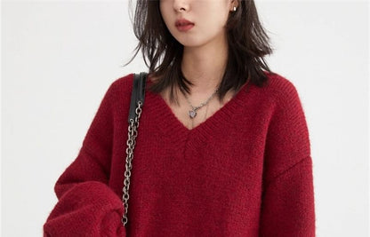 Oversized Drop Shoulder V-Neck Solid Sweater