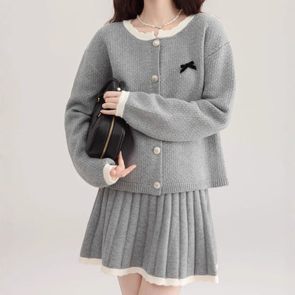 Set: Round Neck Contrast Trim Cardigan + High Waist Mini Pleated Skirt