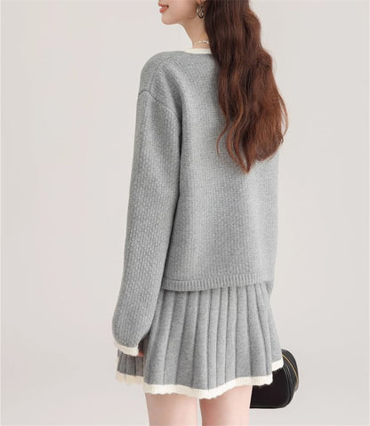 Set: Round Neck Contrast Trim Cardigan + High Waist Mini Pleated Skirt