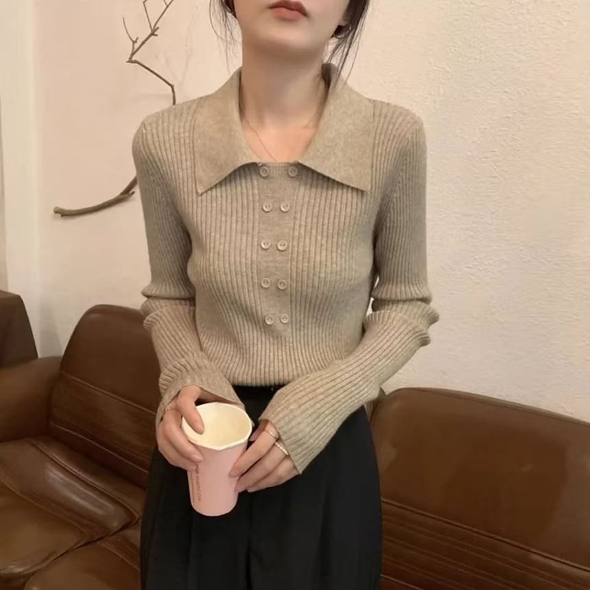 Ribbed Knit Collared Long-Sleeve Top