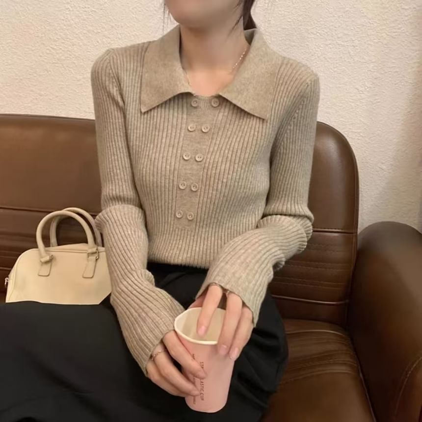 Ribbed Knit Collared Long-Sleeve Top