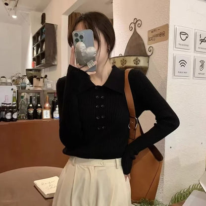 Ribbed Knit Collared Long-Sleeve Top