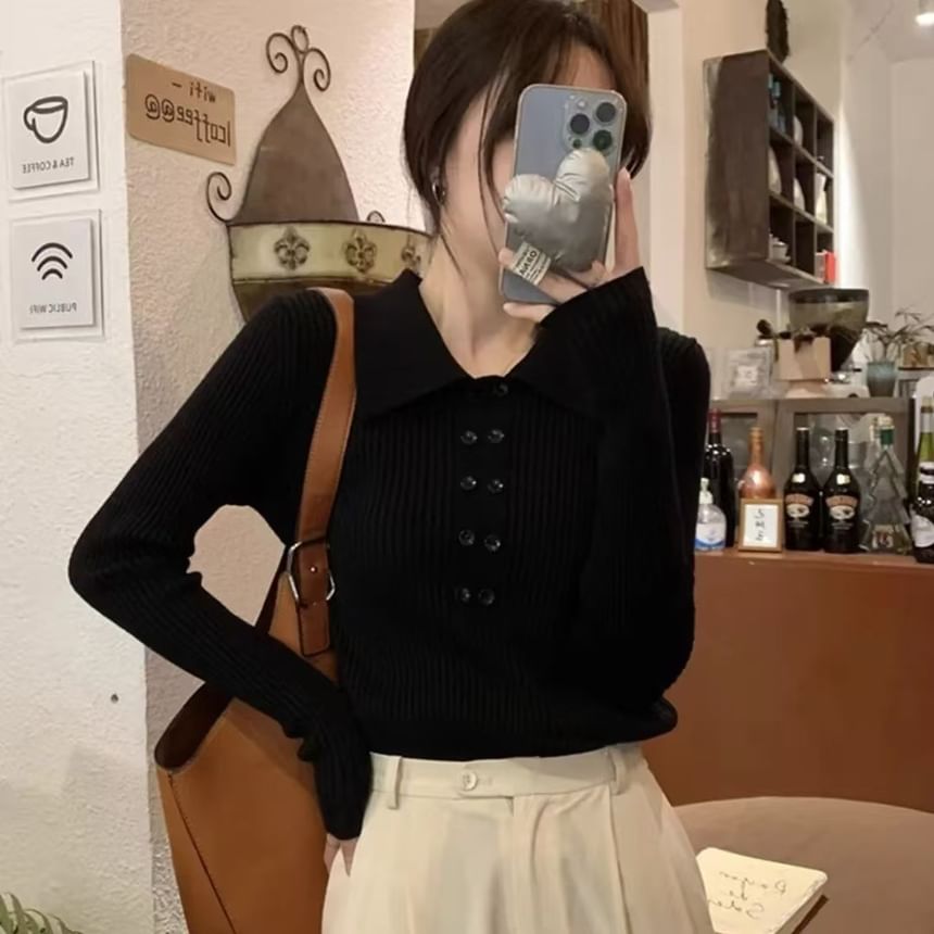 Ribbed Knit Collared Long-Sleeve Top