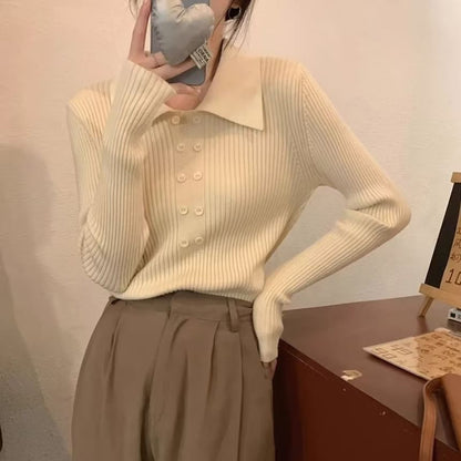 Ribbed Knit Collared Long-Sleeve Top