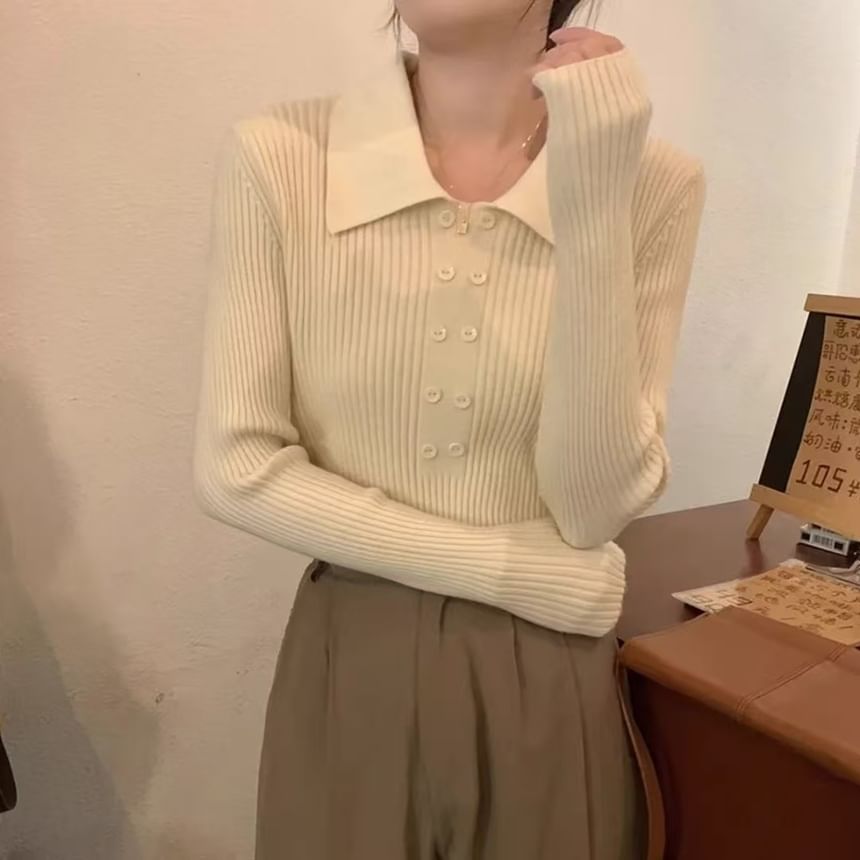Ribbed Knit Collared Long-Sleeve Top