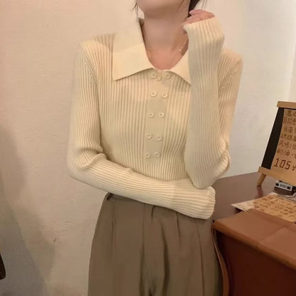 Ribbed Knit Collared Long-Sleeve Top
