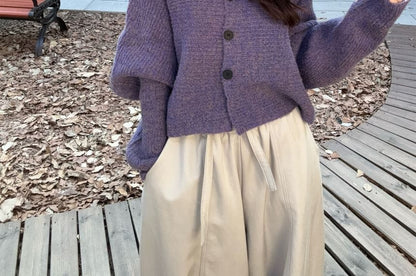 Stand Collar Melange Button-Up Crop Cardigan