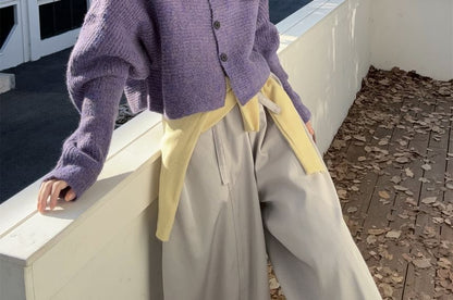 Stand Collar Melange Button-Up Crop Cardigan