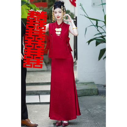 Mandarin Collar Bow Jacquard Frog Closure Chinese Wedding Vest / Spaghetti Strap V-Neck Plain Satin Maxi Trumpet Dress / Set