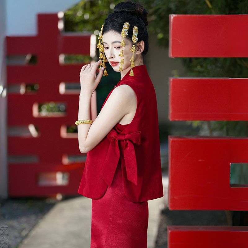 Mandarin Collar Bow Jacquard Frog Closure Chinese Wedding Vest / Spaghetti Strap V-Neck Plain Satin Maxi Trumpet Dress / Set