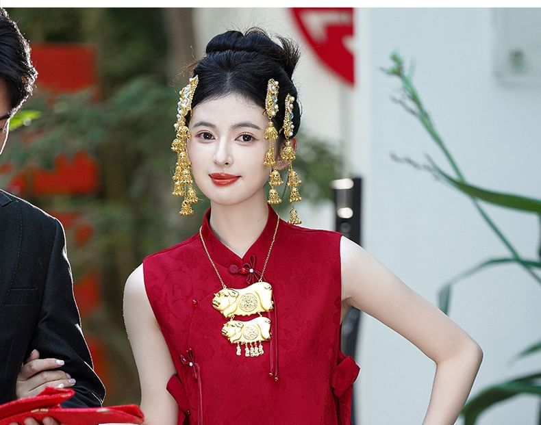 Mandarin Collar Bow Jacquard Frog Closure Chinese Wedding Vest / Spaghetti Strap V-Neck Plain Satin Maxi Trumpet Dress / Set