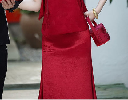Mandarin Collar Bow Jacquard Frog Closure Chinese Wedding Vest / Spaghetti Strap V-Neck Plain Satin Maxi Trumpet Dress / Set