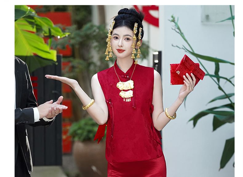 Mandarin Collar Bow Jacquard Frog Closure Chinese Wedding Vest / Spaghetti Strap V-Neck Plain Satin Maxi Trumpet Dress / Set