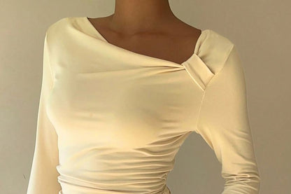 Ruched Asymmetric-Neck Long-Sleeve Tee