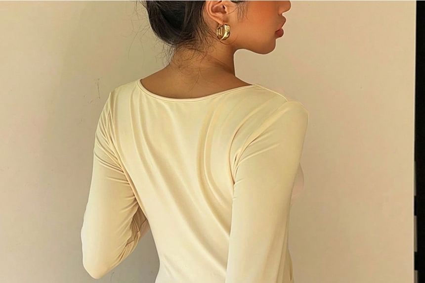 Ruched Asymmetric-Neck Long-Sleeve Tee