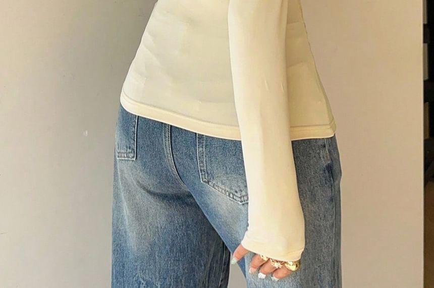 Ruched Asymmetric-Neck Long-Sleeve Tee