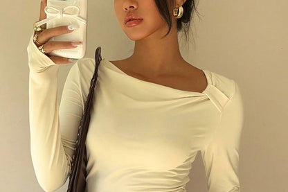 Ruched Asymmetric-Neck Long-Sleeve Tee