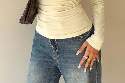 Ruched Asymmetric-Neck Long-Sleeve Tee