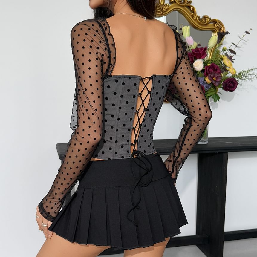 Square Neck Dotted Lace-Up Mesh Bustier Top