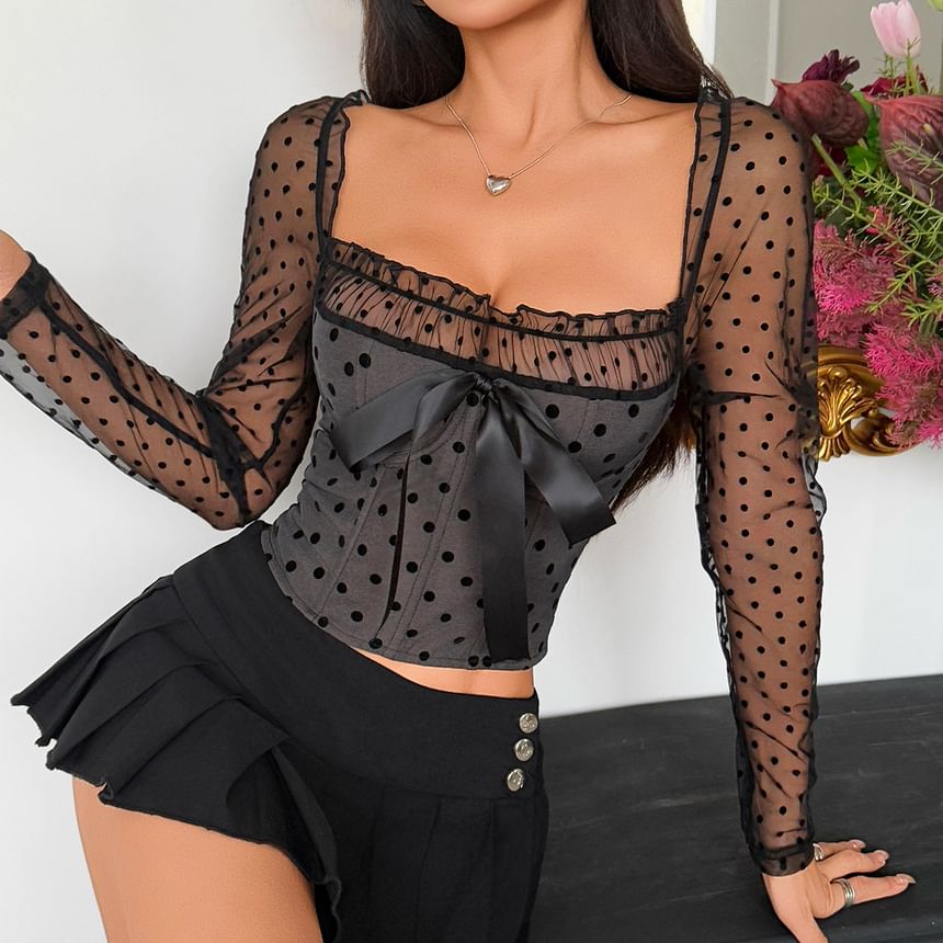 Square Neck Dotted Lace-Up Mesh Bustier Top