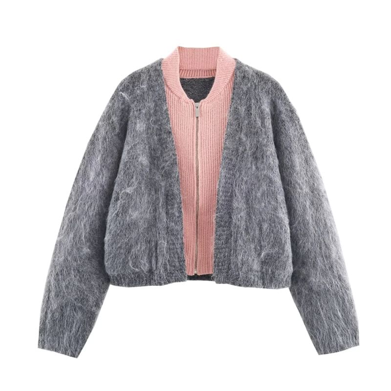 Two Tone Mock Two-Piece Zip Cardigan