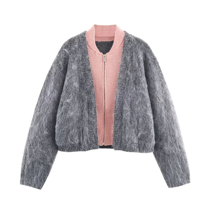 Two Tone Mock Two-Piece Zip Cardigan