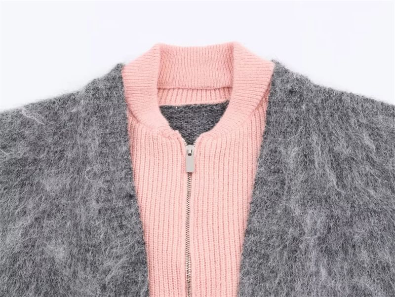 Two Tone Mock Two-Piece Zip Cardigan