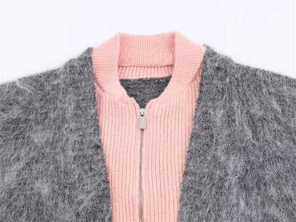 Two Tone Mock Two-Piece Zip Cardigan