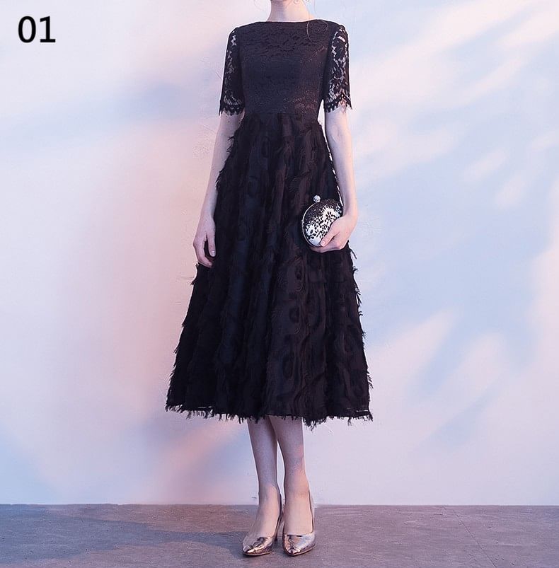 Short-Sleeve Lace Midi A-Line Evening Dress