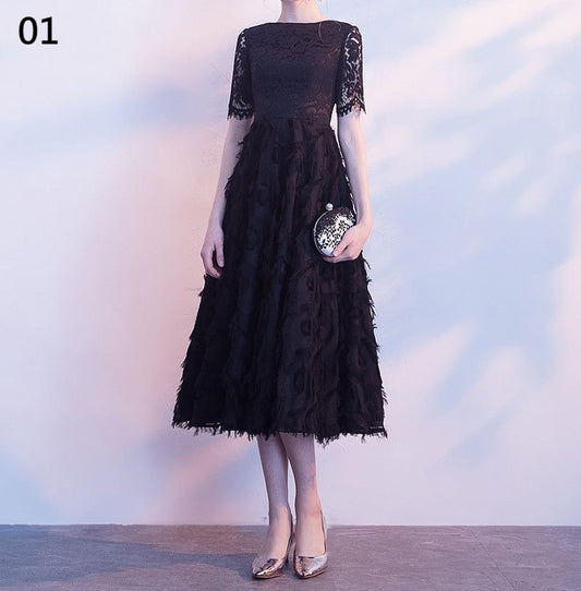 Short-Sleeve Lace Midi A-Line Evening Dress