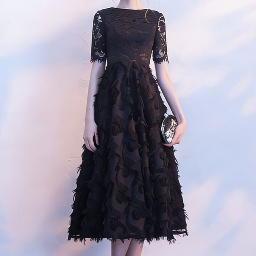 Short-Sleeve Lace Midi A-Line Evening Dress