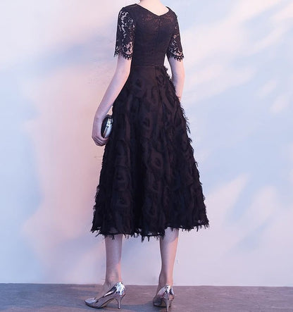 Short-Sleeve Lace Midi A-Line Evening Dress