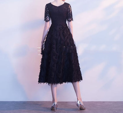Short-Sleeve Lace Midi A-Line Evening Dress